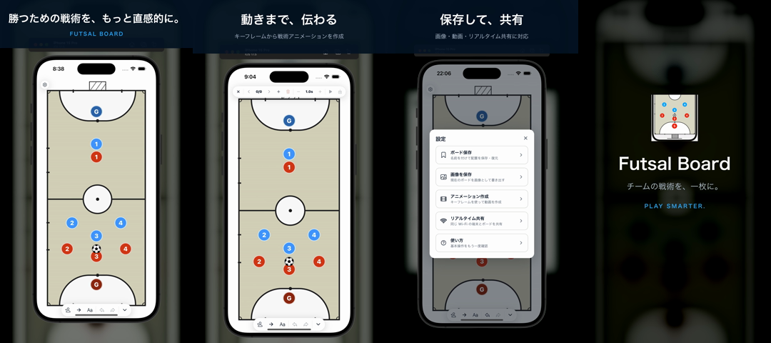 Futsal Boardアプリの配置、アニメーション、保存・共有画面